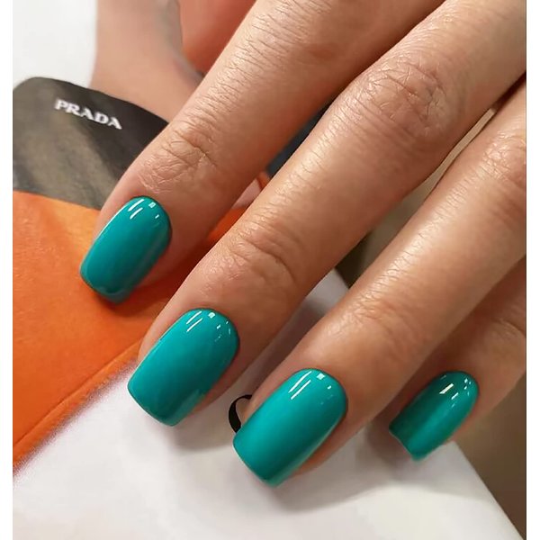 Square Press on Nails Short Fake Nails Cyan False Nails with Solid Color Design Full Cover Acrylic Nails Glossy Glue on Nails Cute Press on Nails Stick on Nails for Women and Girls DIY Manicure 24Pcs