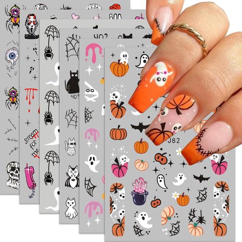 Halloween Nail Stickers, Halloween Nail Art Decals 3D Self-Adhesive Pink Ghost Skull Pumpkin Spider Web Halloween Nail Design DIY Holiday Nail Decoration Women Kids for Halloween Party (6 Sheets)