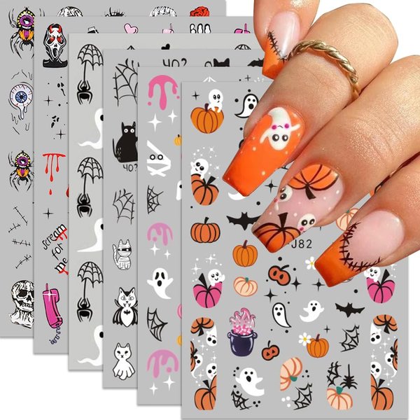 Halloween Nail Stickers, Halloween Nail Art Decals 3D Self-Adhesive Pink Ghost Skull Pumpkin Spider Web Halloween Nail Design DIY Holiday Nail Decoration Women Kids for Halloween Party (6 Sheets)