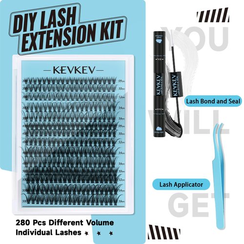 KevKev Lash Clusters Kit Lash Extension Kit D Curl Eyelash Extension Kit 280 Pcs Eyelash Clusters Kit Cluster Eyelash Extensions Individual Lashes Kit with Lash Bond and Seal Eyelash Tweezers