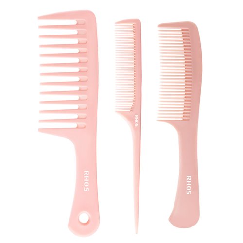 RHOS Hair Comb Set for Women, Men - 3 Pieces Including Wide Tooth Comb, Fine Tooth Rat Tail Comb, Medium Tooth Comb - Detangling Hair Combs for All Hair Types - Pink