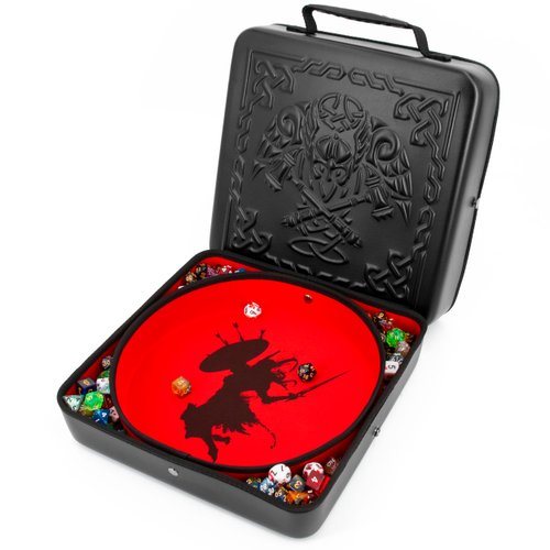 CASEMATIX XL Dice Tray and DND Dice Holder Travel Case for Up to 700 RPG Dice - Expanding Design with 3 Dice Rolling Tray Arenas, Embossed PU Leather Exterior and Printed Dice Trays