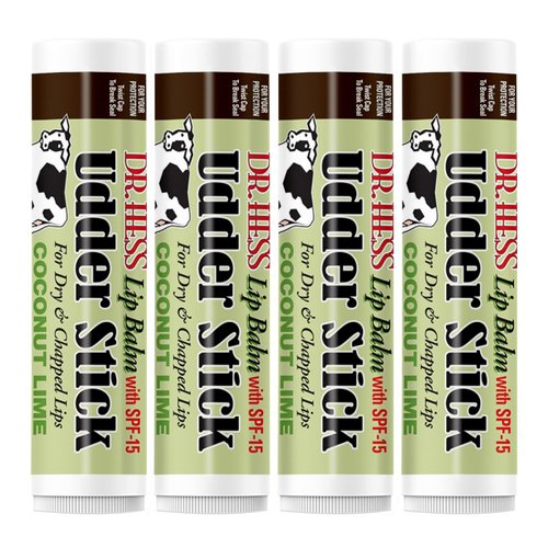 Dr. Hess Original Udder Stick SPF Lip Balm, Soothing Moisturizer Sun Screen Balm for Dry Lips with Jojoba, Beeswax & Shea Butter, Total Lip Care, Hydration & Repair, Coconut-Lime Flavor, 4 Pack