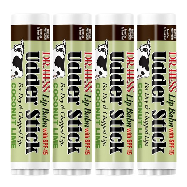 Dr. Hess Original Udder Stick SPF Lip Balm, Soothing Moisturizer Sun Screen Balm for Dry Lips with Jojoba, Beeswax & Shea Butter, Total Lip Care, Hydration & Repair, Coconut-Lime Flavor, 4 Pack