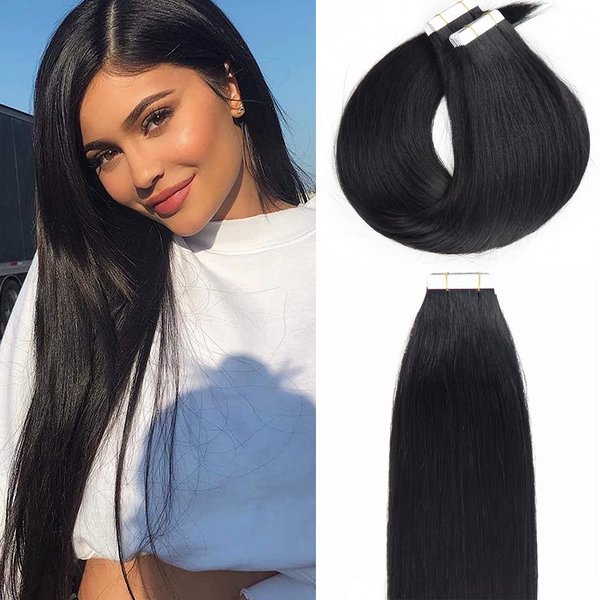 Lacer Hair Semi-permanent Real Remy Human Tape on Hair Extensions 50g 20pcs Tape Attached Skin Weft Invisible Seamless Reusable Jet Black Color #1 22 Inch