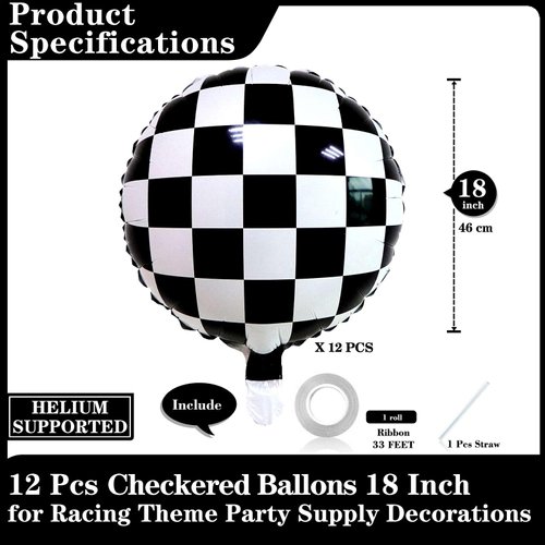 12 Pcs Black White Checkered Balloons 18 Inch, Big Black White Round Checkered Balloons Mylar Foil Checkered Balloons for Race Car Themed Birthday Party Decorations Supplies