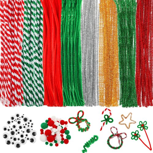 300 Pcs Christmas Pipe Cleaners Craft Set Including Glitter Chenille Stems Poms Self Adhesive Wiggle Googly Eyes Creative Arts Chenille Stems for Christmas Decoration DIY Art Craft (Assorted)