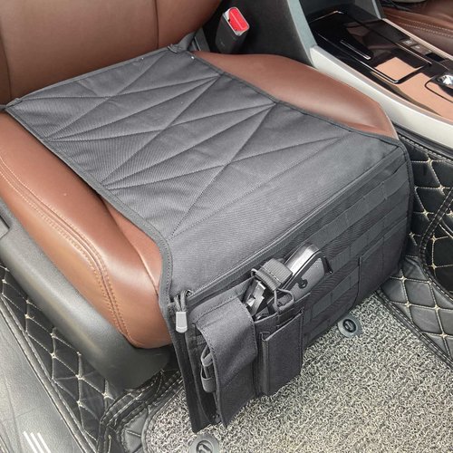 HOFENTIGU Tactical Seat Covers with Detachable Molle Pouch for Pistol Mag Flashlight Car Seat Pistol Holster with Zipper Pocket for Concealed Carry Glock LCP CZ 1911 fits Most Cars Trucks SUV Pickup