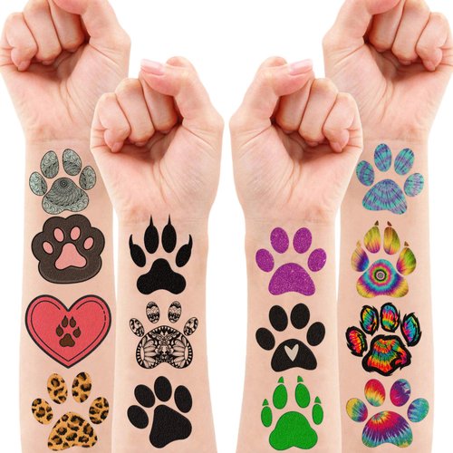 107 Pcs Cat Dog Paw Print Temporary Tattoos Sticker Tie Dye Animal Themed Birthday Party Supplies Decorations Decor Favors Gifts Ideas Girls Boys Cute Let’s Pupply Pet Fake Tattoo School Reward