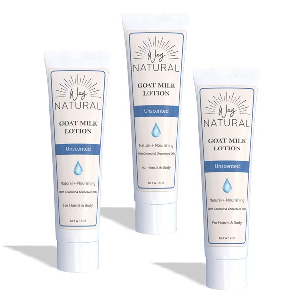 Way Natural Real Goat Milk Lotion, Travel Size, Bulk - Soothing, Creamy, Dry Skin Relief - Coconut & Grapeseed Oils - Goat Milk Hand Cream/Body Lotion - Unscented, 3 (2oz) Tubes
