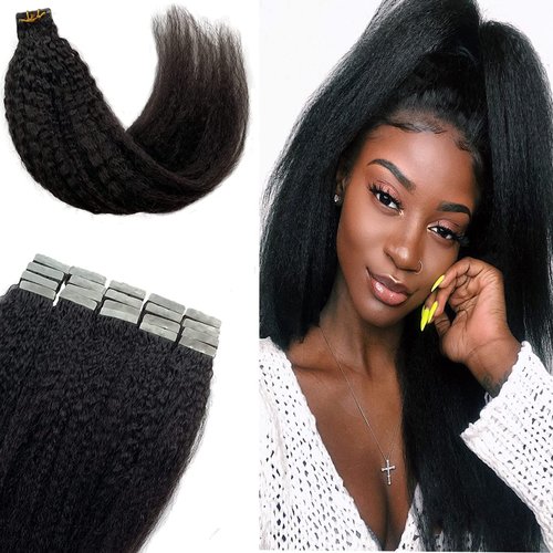 Tape in Hair Extensions Human Hair, OiMiGO Kinky Straight Extensions for Black Women Natural Black Tape ins Extension 20 Pieces 14 Inch 50g Brazilian Remy Human Hair Kinky Tape in Hair