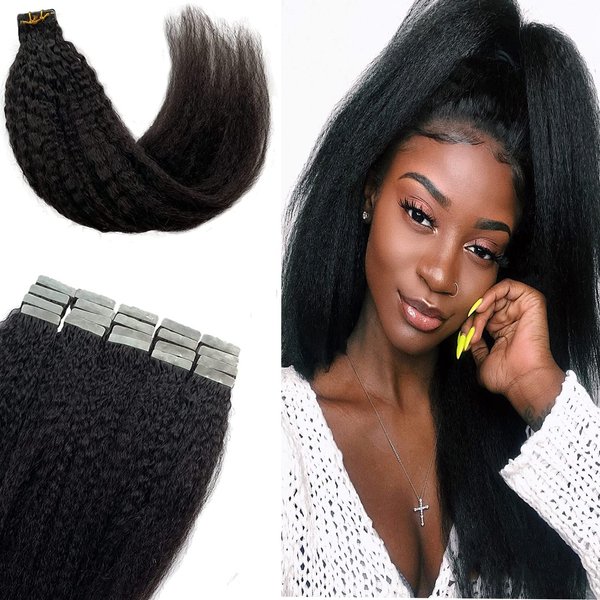 Tape in Hair Extensions Human Hair, OiMiGO Kinky Straight Extensions for Black Women Natural Black Tape ins Extension 20 Pieces 14 Inch 50g Brazilian Remy Human Hair Kinky Tape in Hair