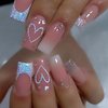 Blue Glitter French Tip Heart Press on Nails Medium Square Fake Nails Glossy Gradient False Nails with Rhinestones Design Reusable Stick on Nails Glue on Nails Acrylic Artificial Nails for Women