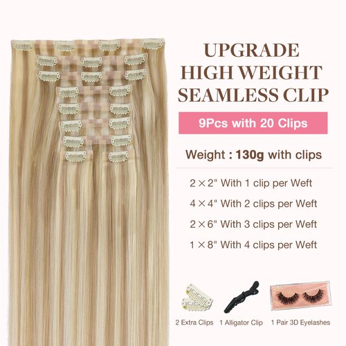 GOO GOO Clip in Hair Extensions Real Human Hair, 14inch 130g 9Pcs, 18A/613A Dark Blonde Highlighted Bleach Blonde, Remy Human Hair Extensions Clip ins for Women, Natural Human Hair