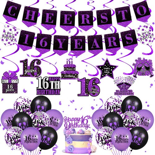 Purple 16th Birthday Decorations for Girls Boys Purple Black 16th Birthday Banner Hanging Swirls 16th Birthday Balloons Happy 16th Birthday Cake Topper for Purple Cheer to 16 Years Party Supplies