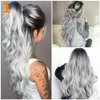 RainaHair Long Wavy Lace Front Wigs for Women Black Roots to Grey Ombre Synthetic Wig with Middle Parting Heat Resistant 24inch