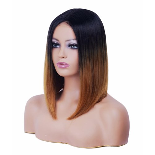 NJJYXH 14 Inches Black Ombre Blonde Lace Front Wigs for Women Short Straight Bob Wig with Middle Part Synthetic Hair for Cosplay or Daily Use