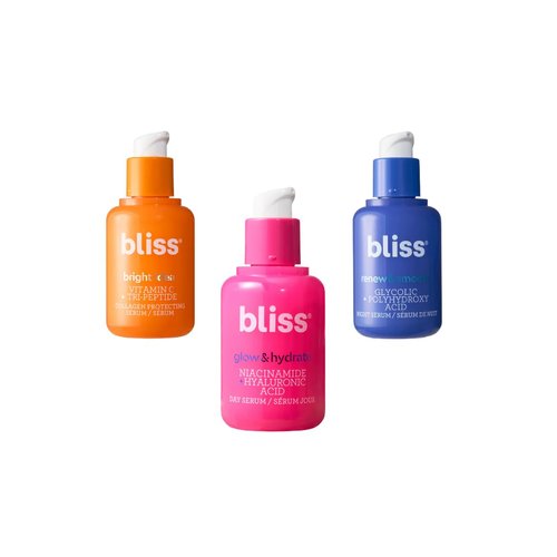Bliss Radiant Skincare Face Serum Trio: Bright Idea Vitamin C Serum, Glow & Hydrate Hyaluronic Acid Serum, Renew & Smooth Glycolic Serum