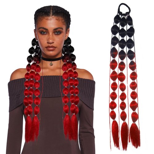 Colored Hair Extansions,Gltyley 20" Lightweight Rainbow Bubble Ponytail Extensions for Kids,Colored Braids Hair Extensions with Hair Tie,Crazy Hair Day,Festival Rave Accessories for Girls,Black to Red