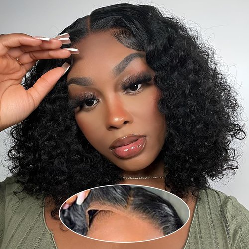 Amygirl Wear and Go Glueless Wigs Human Hair Pre Plucked Pre Cut Bob 4x4 Curly Wave Lace Front Wi...