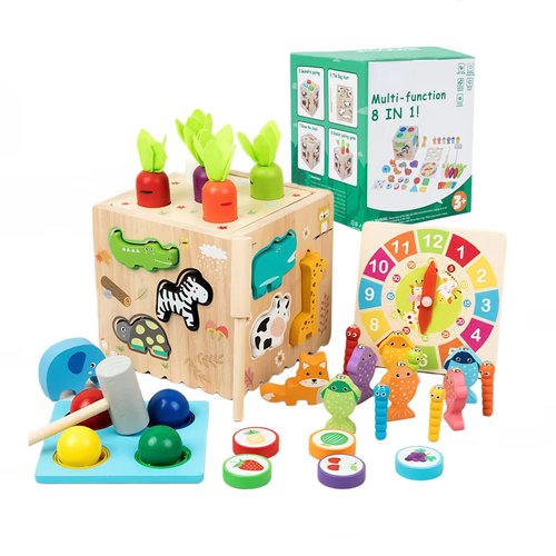 Montessori Toys for Kids, 8 in 1 Wooden Toy Kit with Animal Pairing, Fruit Color Sorting, Fishing, Knocking Ball Game, Fine Motor Skill Busy Activity Cube, Gift for Toddler Baby 3 4 5 6 7 8 Years Old