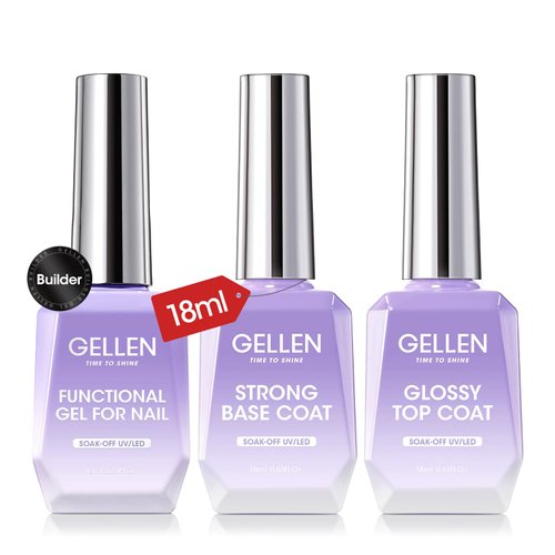 Gellen Builder Nail Gel with Gel Top Coat Base Coat - 3Pcs 18ml Top Coat Gel Nail Polish Set, Soa...