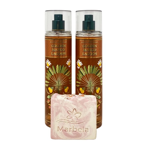 Bath & Body Works Golden Mango Lagoon 2 Pack Fragrance Mists and a Himalayan Salts Springs Bar Soap - Full Size
