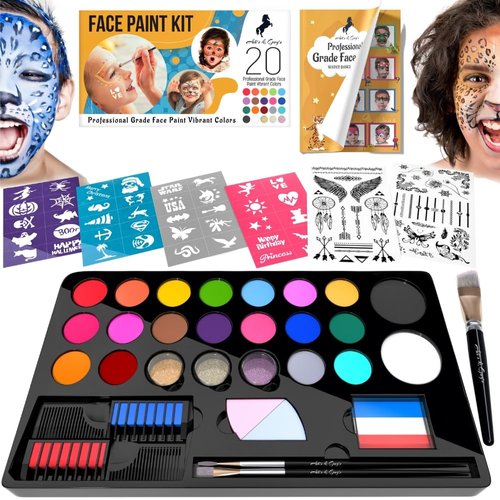 Face Painting Kit For Kids Party - 20 Water Based Non-Toxic Sensitive Skin Paints 3 Glitters 2 hair chalks combs 3 Paint Brushes 40 Stencils for kids 2 Tattoos Sheets Facepaint Kids Face Paint