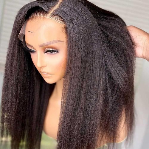 MACA BAKA Kinky Straight Synthetic Lace Front Wig Glueless 180 Density Long Black Yaki Straight 13x4 Lace Front Wigs for Black Women Pre Plucked 24 Inches Natural Color