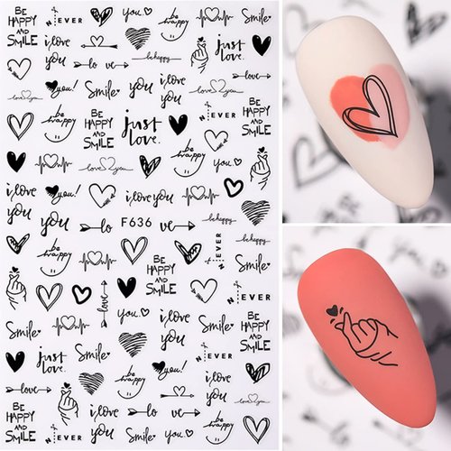 Black Nail Art Stickers Decals 8Sheets Love 3D Nail Art Stickers Heart English Letter Geometric Design Nail Foils Sexy Girl Rose Flowers Leaves Adhesive Stickers for Valentine's Day Nail Decoration