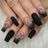 OHWODA Black Press on Nails Medium Square Fake Nails Pink Flowers Acrylic Glue on Nails Full Cover Glossy Nails Press ons Medium Length Stick on Nails Winter Artificial Nails for Women Girls - 24Pcs