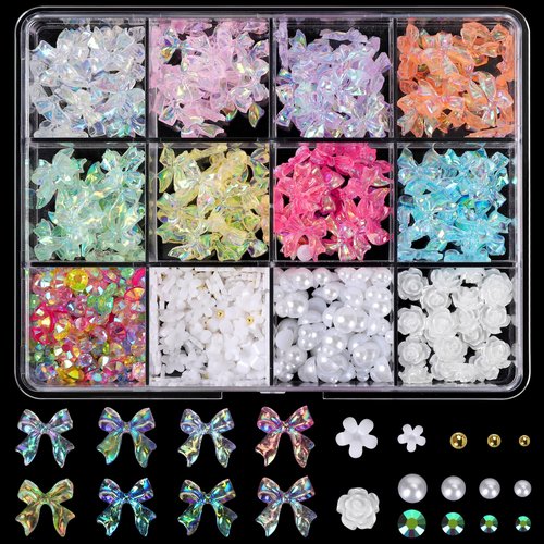 COOSLIM 500 Pcs 3D Nail Charms and Flatback Pearls, 8 Colors Bow + White Rose Flower and Gems + 2-6mm White Pearls for Nail Art Design B