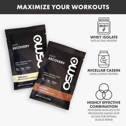 Osmo Rapid Recovery - Whey & Micellar Casein Protein Powder Blend with Carbohydrates & Caffeine, All Natural Ingredients, Enables Muscle Repair & Boosts Glycogen Restoration - Combo Pack, 8 Servings