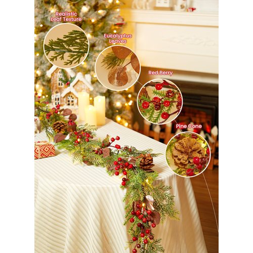 Brightown Christmas Garland with Lights, Battery Operated, 6 Ft 20 LED Lighted Pine Leaves Garland Decorated with Pine Cones, Berry, Eucalyptus Leaves, Indoor Christmas Lights for Mantle Stairs Wall