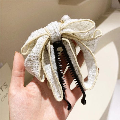 auwiyd 2 PCS Bowknot Banana Clip Hairpin Plaid Pearl Hairpin Ponytail Clip Hair Claw for Women Girls Sweet Ponytail Holders Hairpin Hair Accessories for Thick Thin Fine Hair