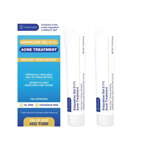 WELMATE Adapalene Gel 0.1% - FSA HSA Approved Acne Treatment - Daily Topical Skincare - Pimple & Acne Cream - Oil & Fragrance Free - Dermatologist Tested & Approved - 1.6oz/45g, 2 PACK