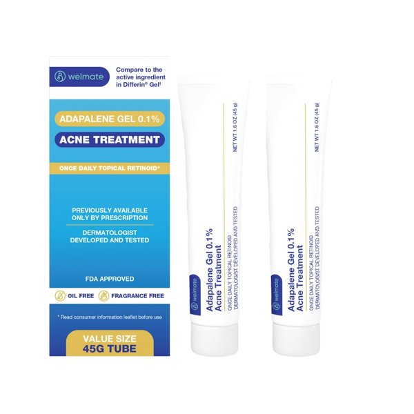 WELMATE Adapalene Gel 0.1% - FSA HSA Approved Acne Treatment - Daily Topical Skincare - Pimple & Acne Cream - Oil & Fragrance Free - Dermatologist Tested & Approved - 1.6oz/45g, 2 PACK