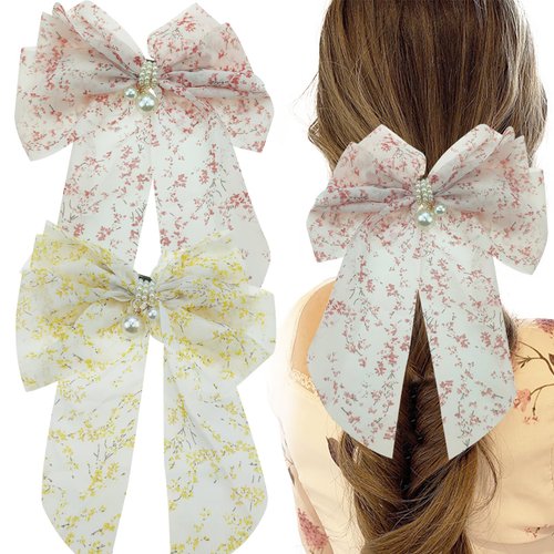 2 PACK Floral Hair Bows Clips for Women Girls,Big Pearl Hair Bow Clip with Tail, Flower Bowknot H...