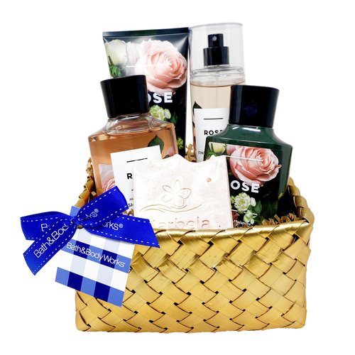 Bath & Body Works ROSE - Gold Woven Basket 4 Piece Gift Set - Fine Fragrance Mist, Body Cream, Shower Gel and Body Lotion with a Himalayan Salts Spring Sample Soap.