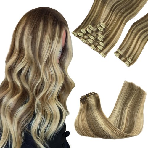 GOO GOO Clip in Hair Extensions Real Human Hair, 20inch 150g 9Pcs, 8A/22 Medium Brown Highlighted Golden Blonde, Remy Human Hair Extensions Clip ins for Women, Natural Human Hair