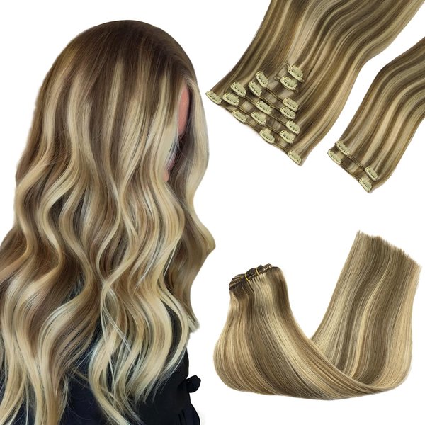 GOO GOO Clip in Hair Extensions Real Human Hair, 20inch 150g 9Pcs, 8A/22 Medium Brown Highlighted Golden Blonde, Remy Human Hair Extensions Clip ins for Women, Natural Human Hair