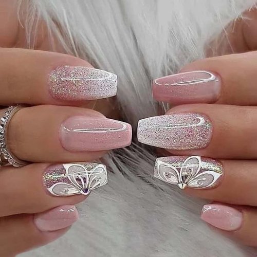 IMSOHOT Medium Press on Nails Coffin Pink Gradient Fake Nails Flash Flower Glossy Glue on Nails Ballerina Full Cover Acrylic False Nails for Women