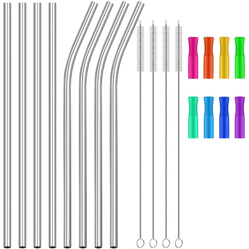 20 Pieces 14 Inch Stainless Steel Straws Long Drinking Straws for 100 oz Tumblers with Silicone Tips, Reusable Metal Drinking Straws Extra with 4 Pieces Cleaning Brush