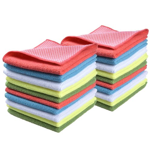 SINLAND 5 Color Assorted Microfiber Dish Cloth Best Kitchen Cloths Cleaning Cloths with Poly Scour Side 12Inchx12Inch 20 Pack (Pinkx4+bluex4+whitex4+yellowx4+greenx4)