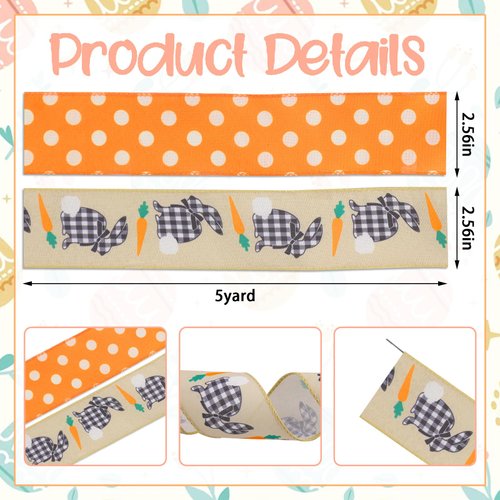ABTOLS 2 Roll 10 Yards Easter Ribbons, 2.5" Easter Plaid Bunny Carrot Wired Edge Burlap Ribbon Orange White Dot Ribbon for Spring Easter Party Decor Gift DIY Crafts Wreaths Bow