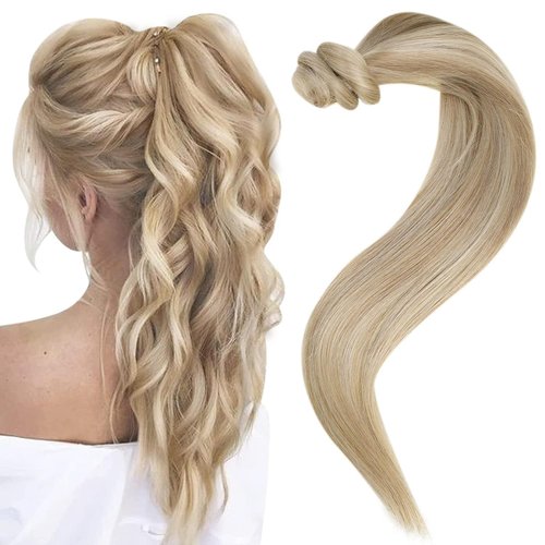 Easyouth Blonde Ponytail Extension Human Hair Blonde Pony Tails Hair Extensions Golden Blonde Highlighted Honey Blonde Hair Extensions Ponytail Wrap Around Ponytail Human Hair Silky 12Inch 70g