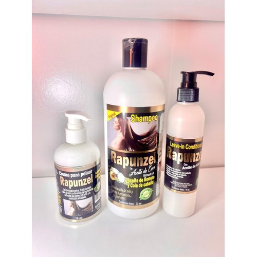 SET DE RAPUNZEL ORGANICO CON ACEITE DE COCO REFORZADO CON ACEITE DE ROMERO Y COLA DE CABALLO PARA FOMENTAR EL CRECIMIENTO LIBRE DE MINOXIDIL, SET SHAMPOO, LEAVE-IN CONDITIONER Y CREMA DE PEINAR