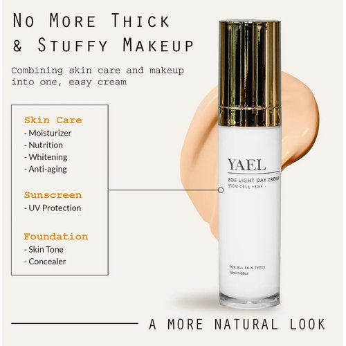 YAEL COSMETIC BEAUTY LAB ZOE Light Day Cream + EGF, for All Skin Types, with Isreal Desert Rose Stem Cells, CICA Complex, Long-Lasting Coverage, Natural Skin Tone Matching