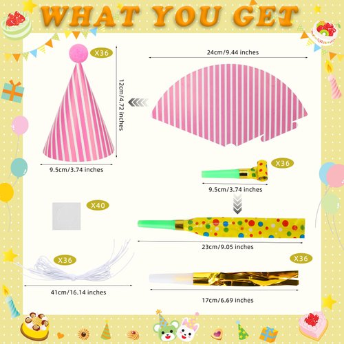 SAYAYA 116 PCS Party Cone Hats Assorted Cone Paper Hat with Party Blowers and Metallic Fringed Noise Makers Birthday Party Cone Hats Blowouts for Birthday Party Supplies