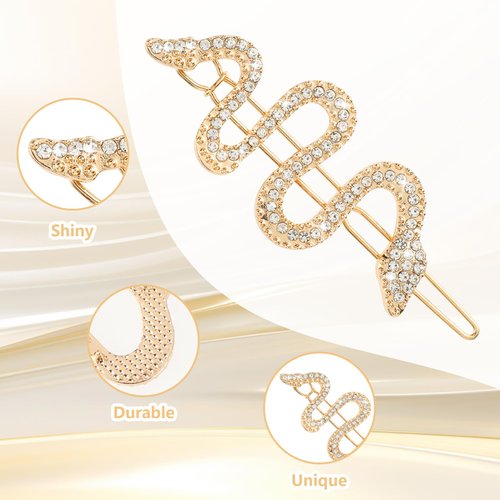 Mabor 4Pcs Snake Hair Clip, Gold Silver Snake Hair Pins with Sparkly Rhinestones Cool Hair Clips Metal Hair Jewelry for Styling Vintage Snake Hair Accessories for Women Girls